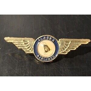 Vintage Retired Alaska Airlines Eskimo Logo Wings Lapel / Hat Pin 2" Gold Tone